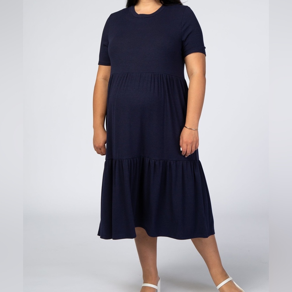 BRAND NEW ~ NEVER WORN ~ Navy Blue Ribbed Tiered Maternity Dress ~ Small ~ NWOT
